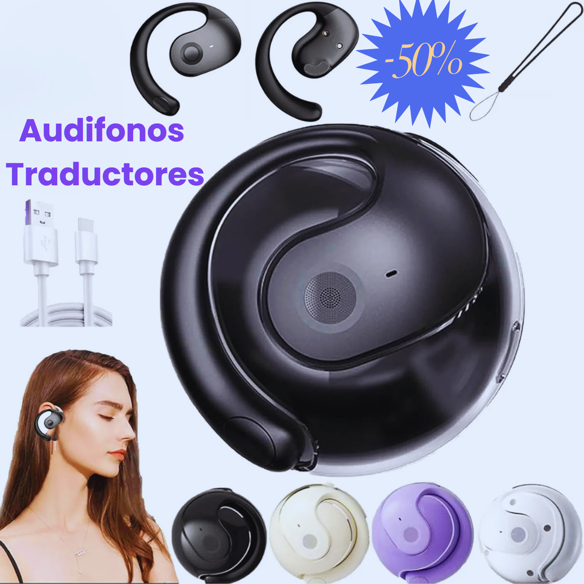Audífonos traductores con estuche y cable