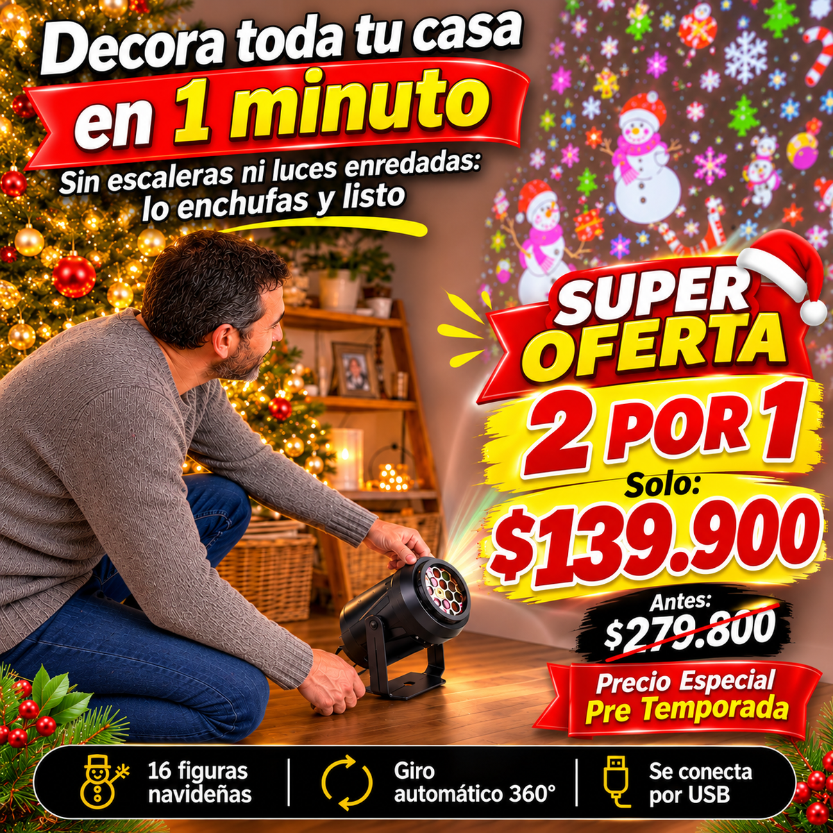 Proyector Navideño LED de Figuras y Luces 2x1