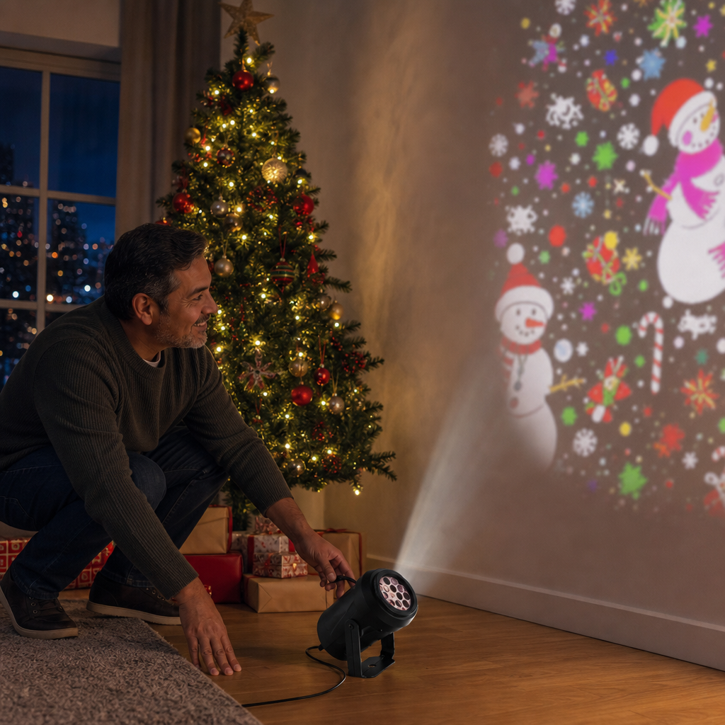 Persona usando el proyector navideño